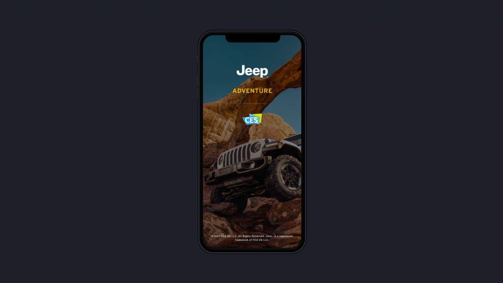 Phone image with the Jeep Adventure splash screen. The title reads Jeep Adventure, followed by a CES logo and a Jeep vehicle in the background.