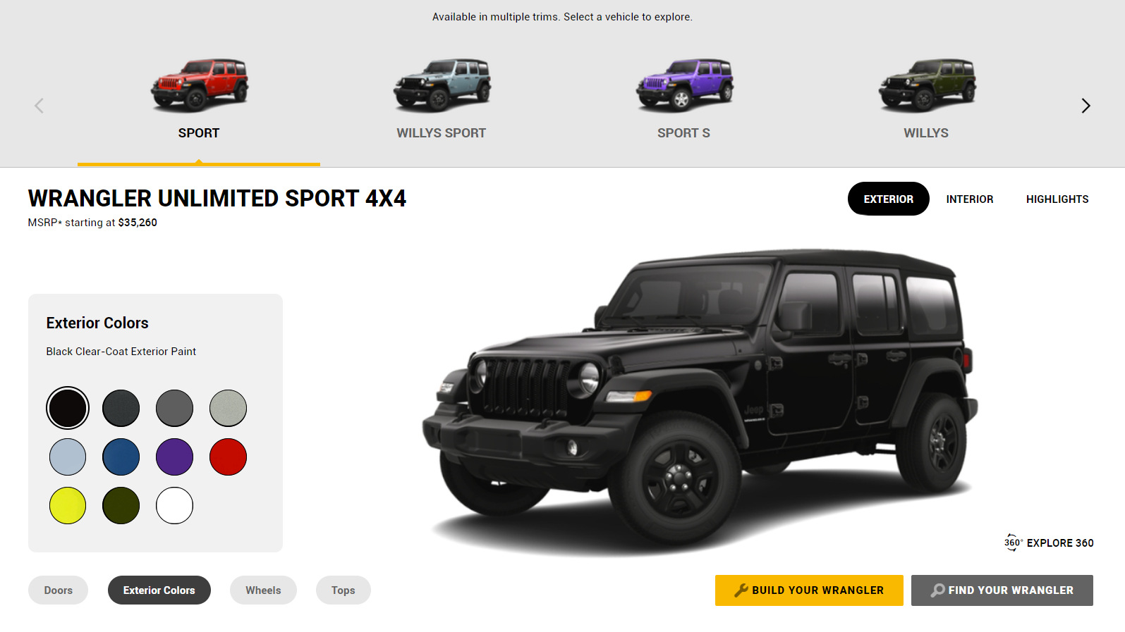 Image of a vehicle configurator showing a Jeep Wrangler