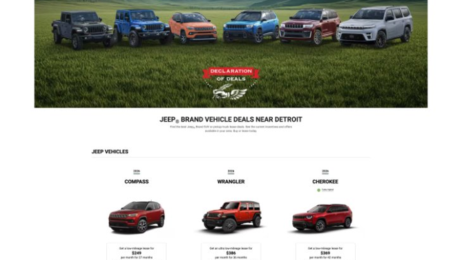 Screenshot of a page on Jeep.com showing vehicle offers